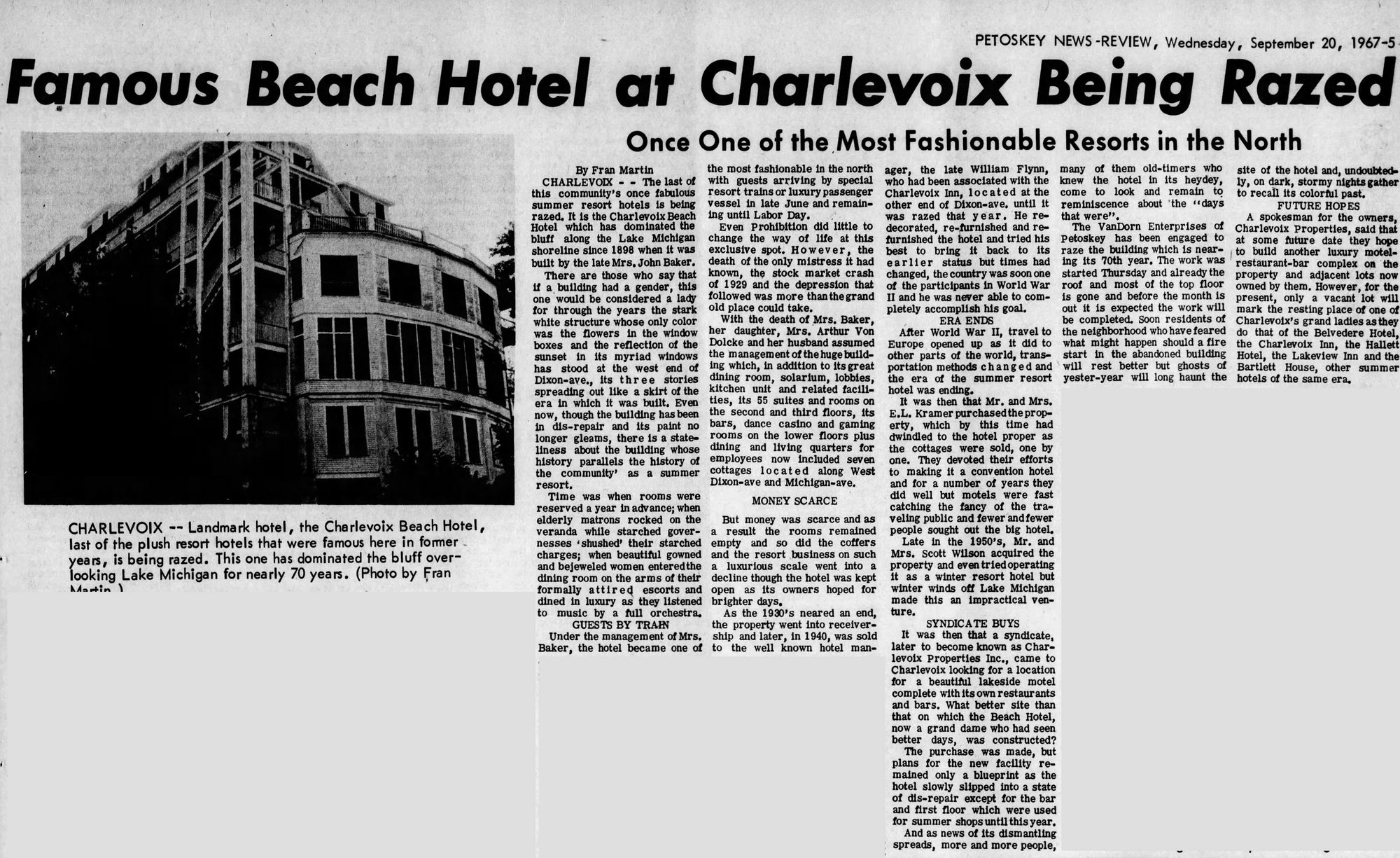 Beach Hotel - Sept 20 1967 Article On Closing (newer photo)